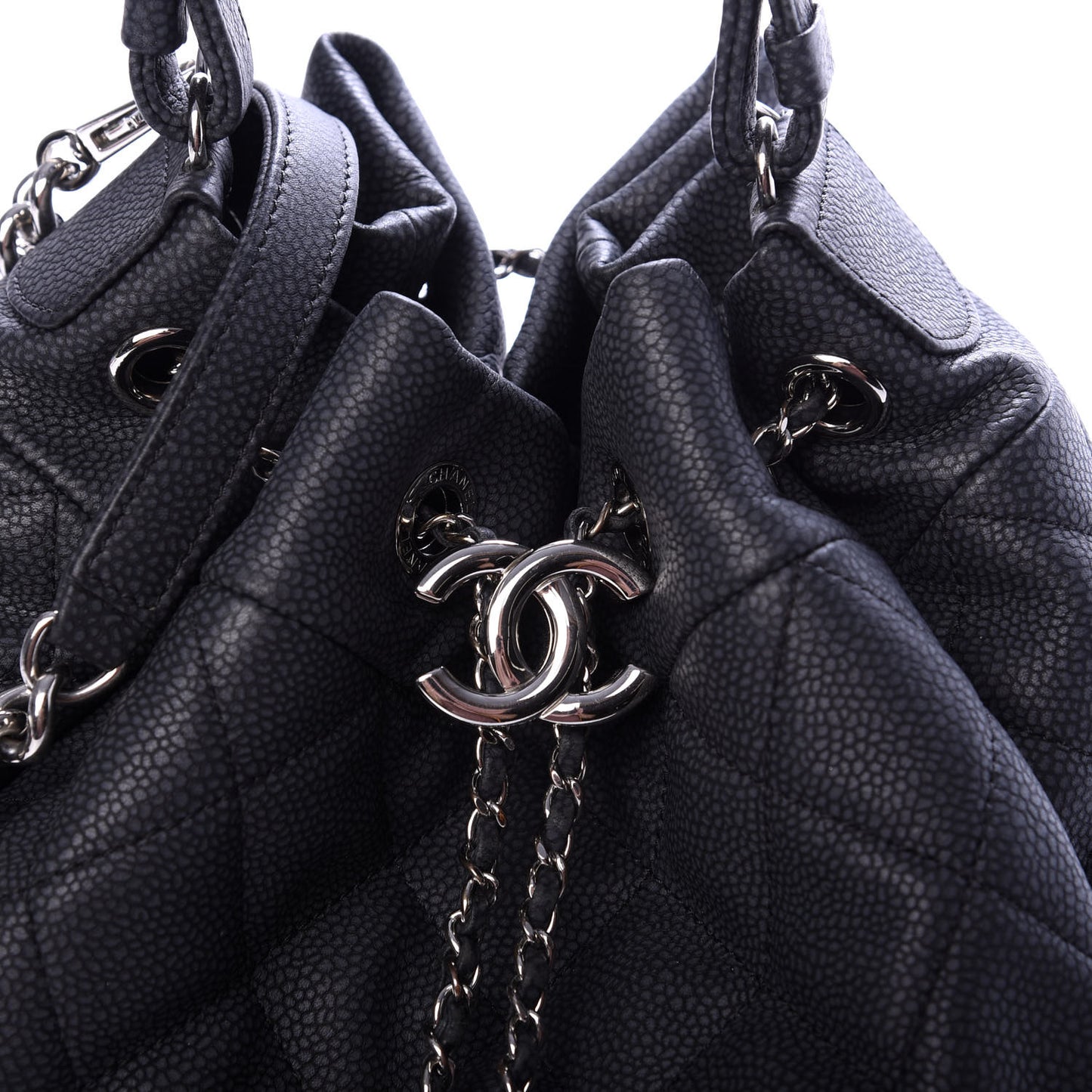 Grained Calfskin Quilted Medium CC Chain Bucket Drawstring Bag Black