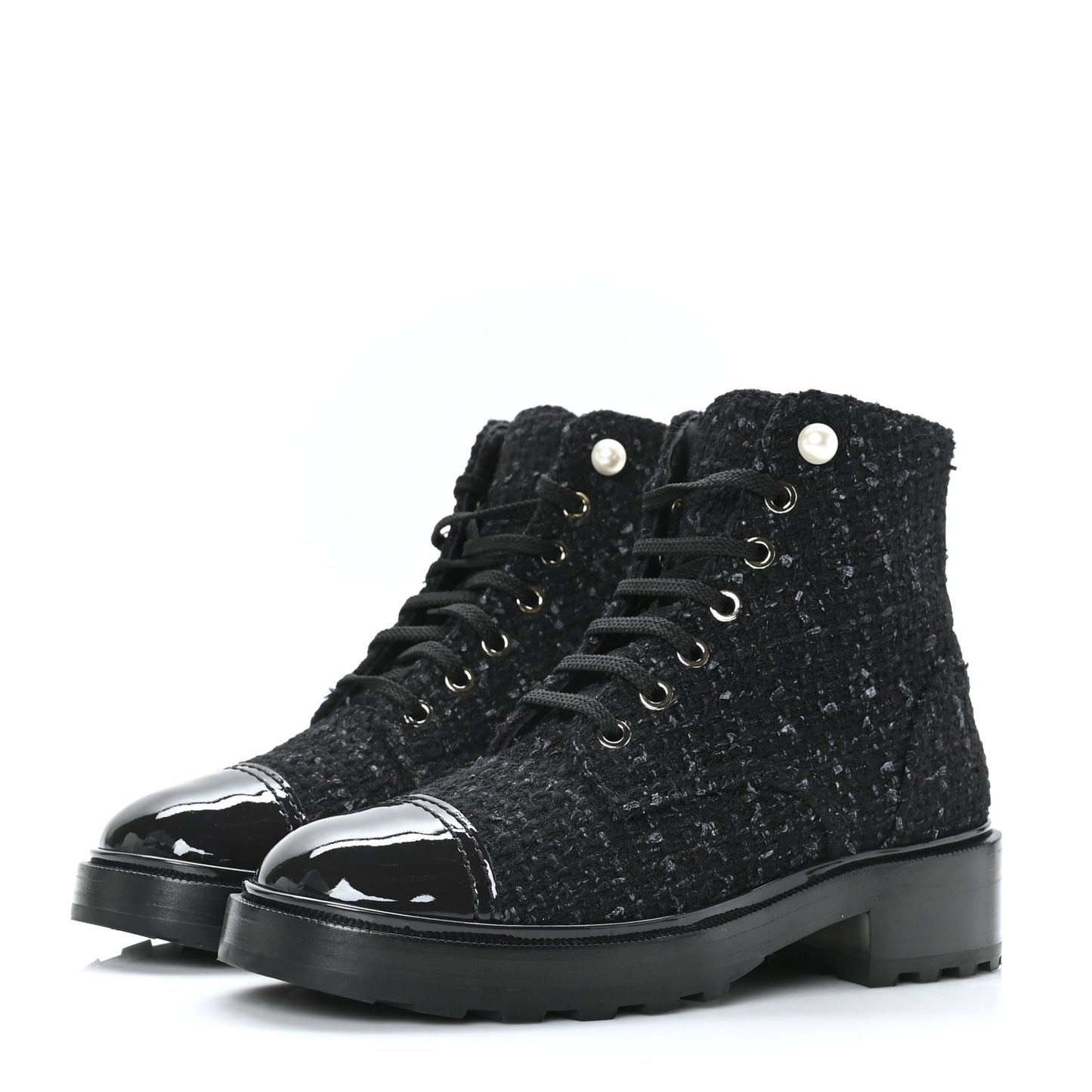 Tweed Patent Calfskin Pearl Combat Short Boots 36.5 Black Grey