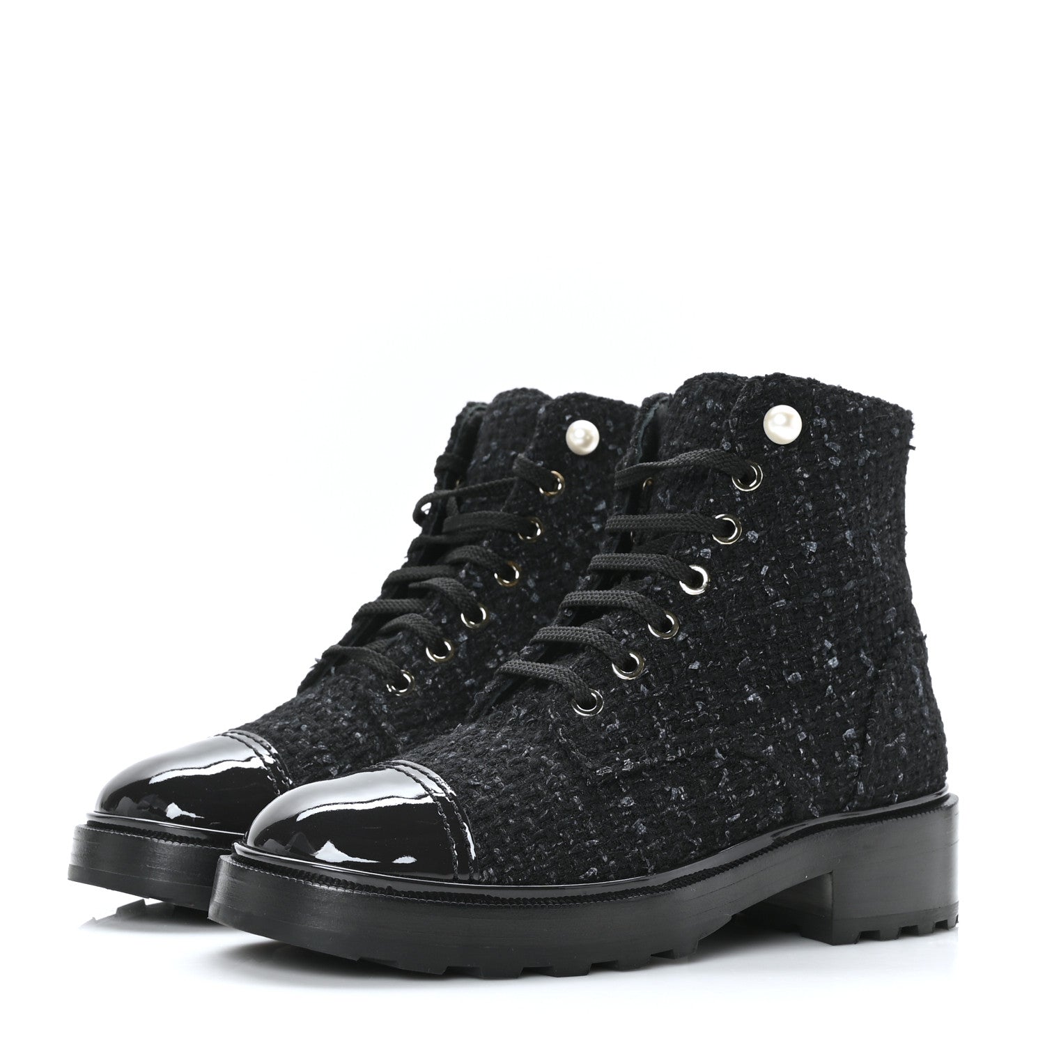 Chanel Tweed Patent Calfskin Pearl Combat Short Boots 36.5 Black Grey 3 of 7