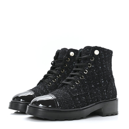 Chanel Tweed Patent Calfskin Pearl Combat Short Boots 36.5 Black Grey 3 of 7