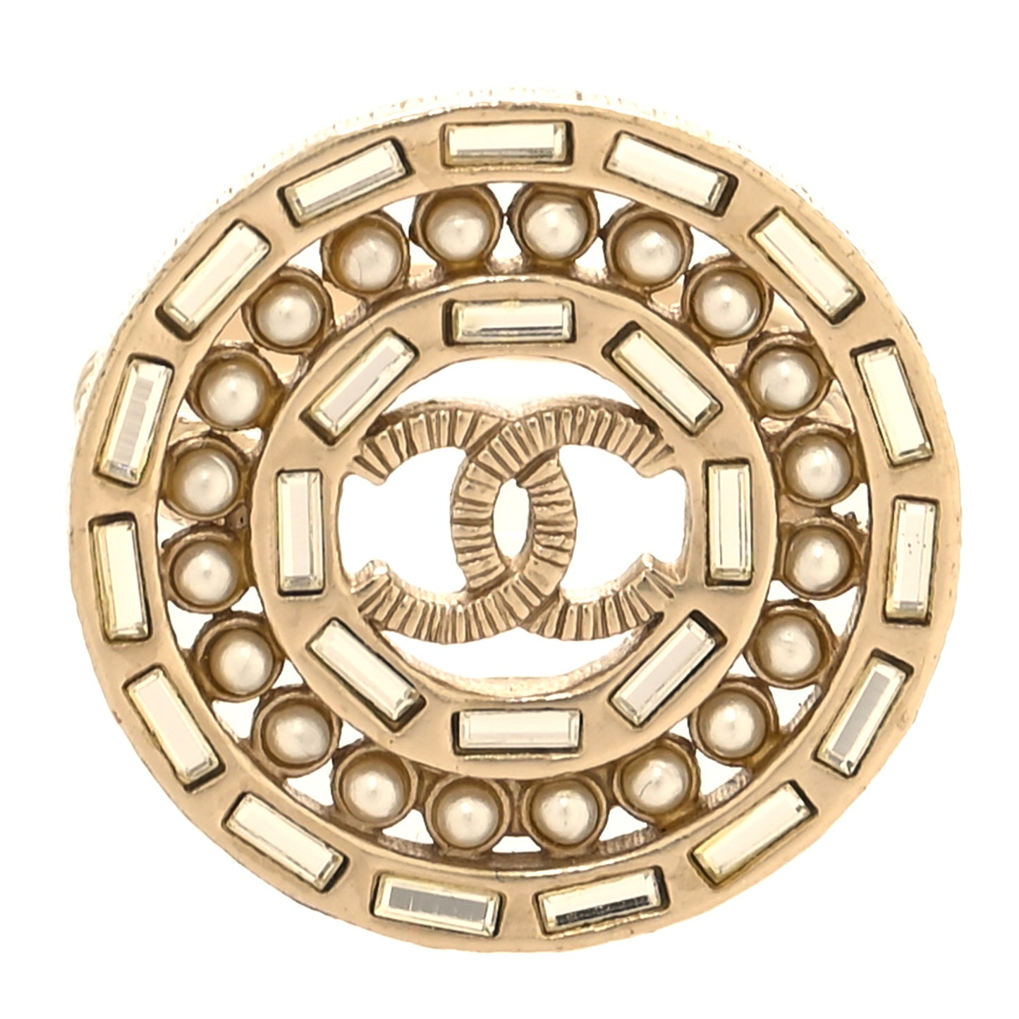 Pearl Baguette Crystal CC Medallion Ring 54 7 Gold