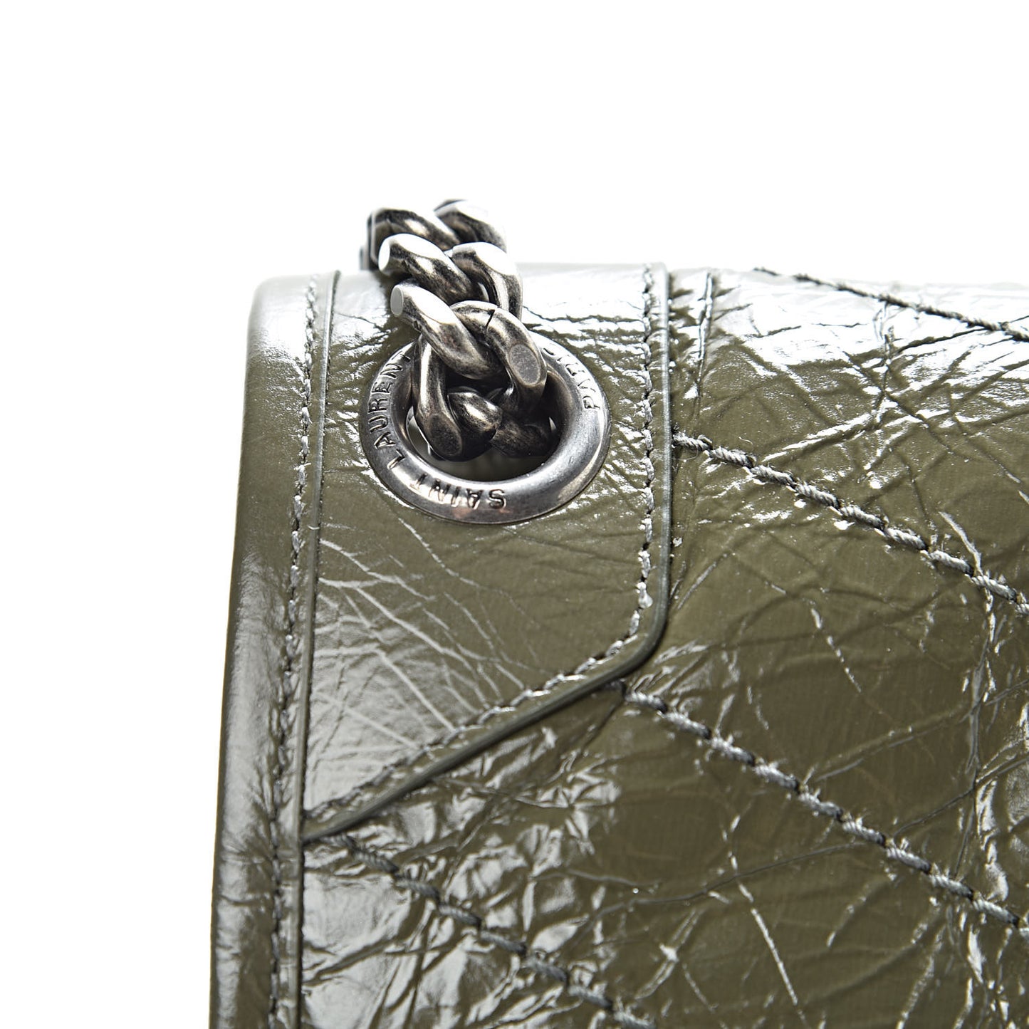 Crinkled Calfskin Matelasse Monogram Medium Niki Chain Satchel Military Olive