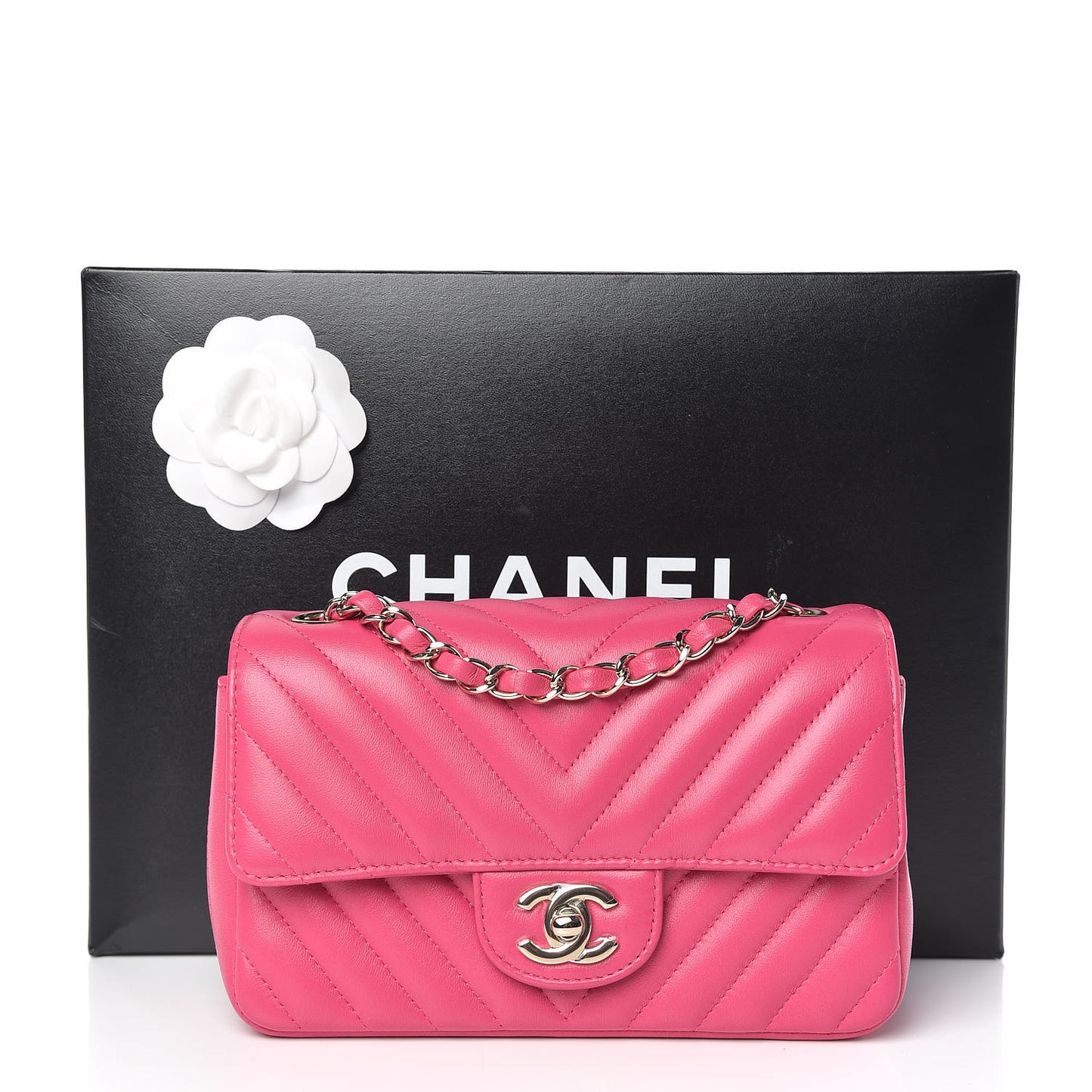 Lambskin Chevron Quilted Mini Rectangular Flap Fuchsia
