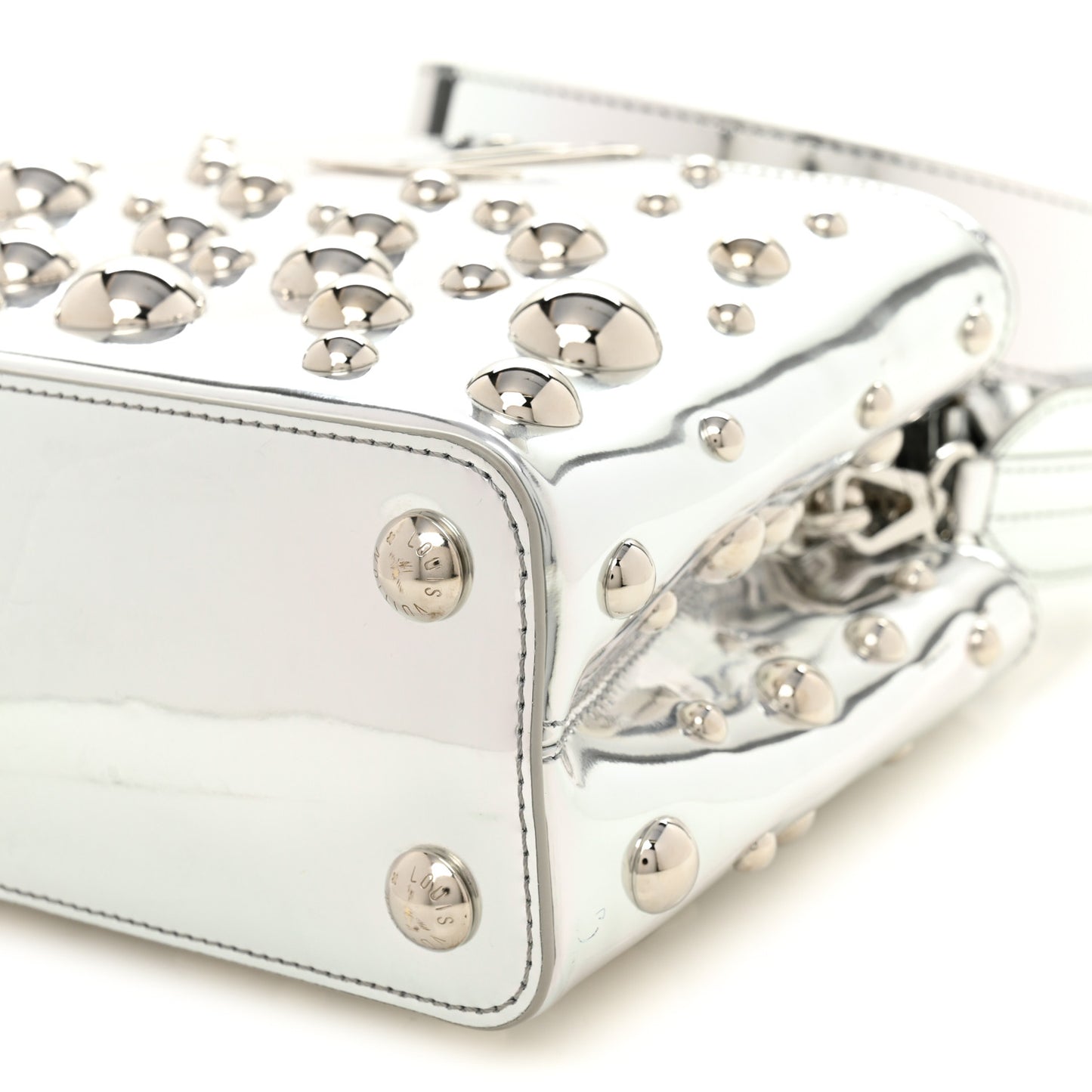 LV X YK Metallic Taurillon Brass Metal Dots Capucines BB Silver