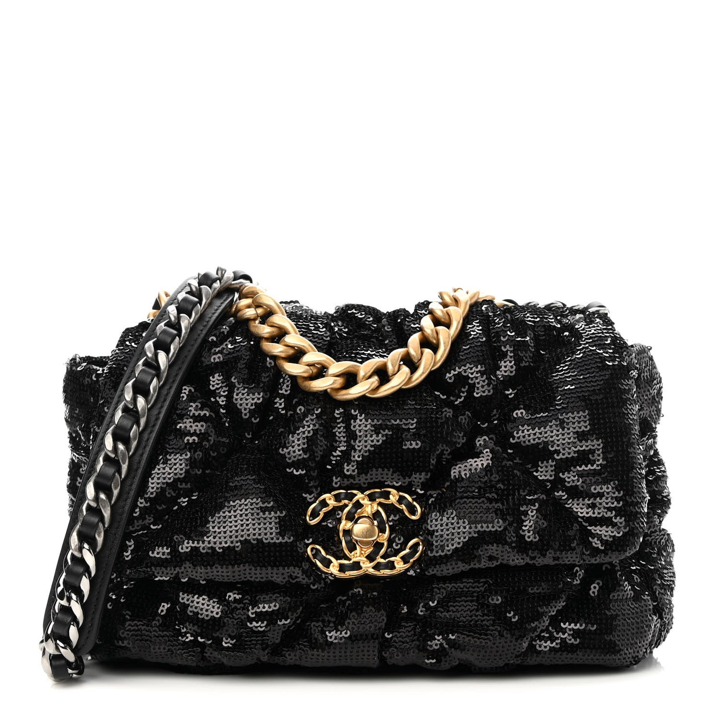 Sequin Quilted Medium Chanel 19 Flap Black