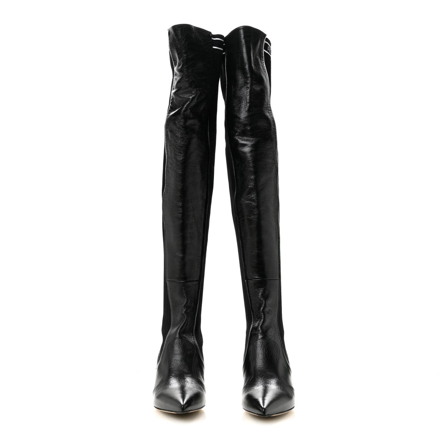 Fendi Vitello Lucido Stretch Fabric Logo Rockoko Thigh High Sock Boots 38 Black White 2 of 8