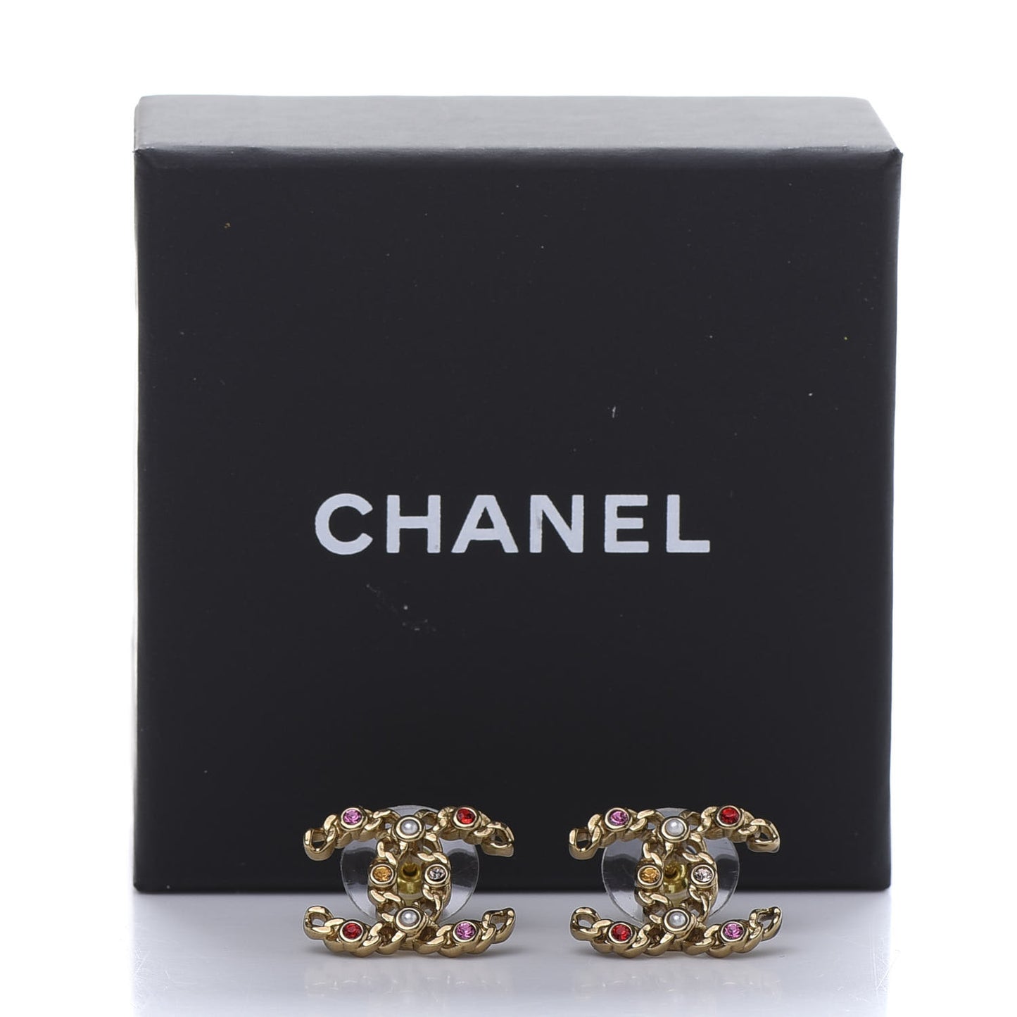Pearl Crystal Chain Link CC Earrings Gold Red Pink Yellow