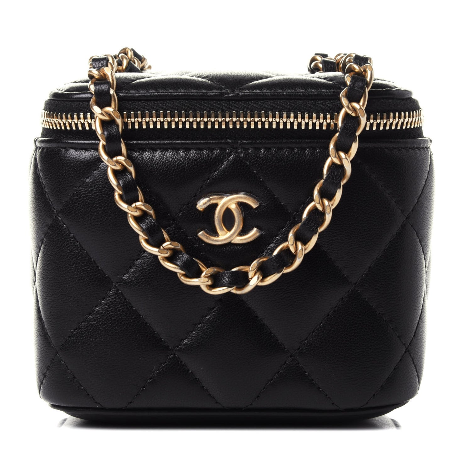 Lambskin Quilted Mini Pearl Crush Vanity Case With Chain Black