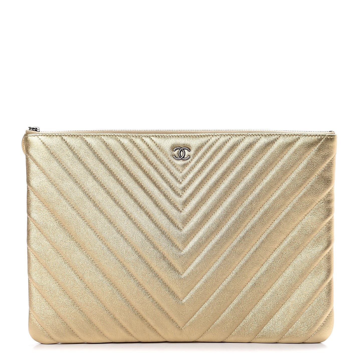 Metallic Calfskin Chevron Quilted Large Cosmetic Case Light Gold