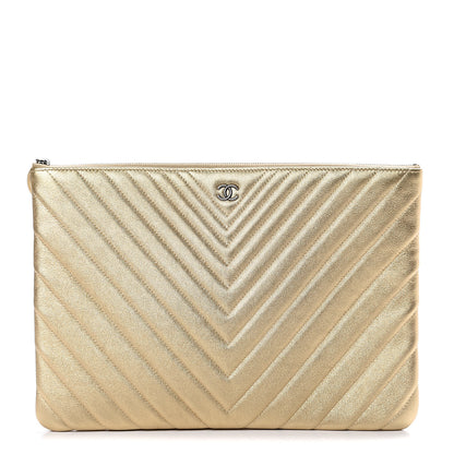 Chanel Metallic Calfskin Chevron Quilted Large Cosmetic Case Light Gold 1 of 9