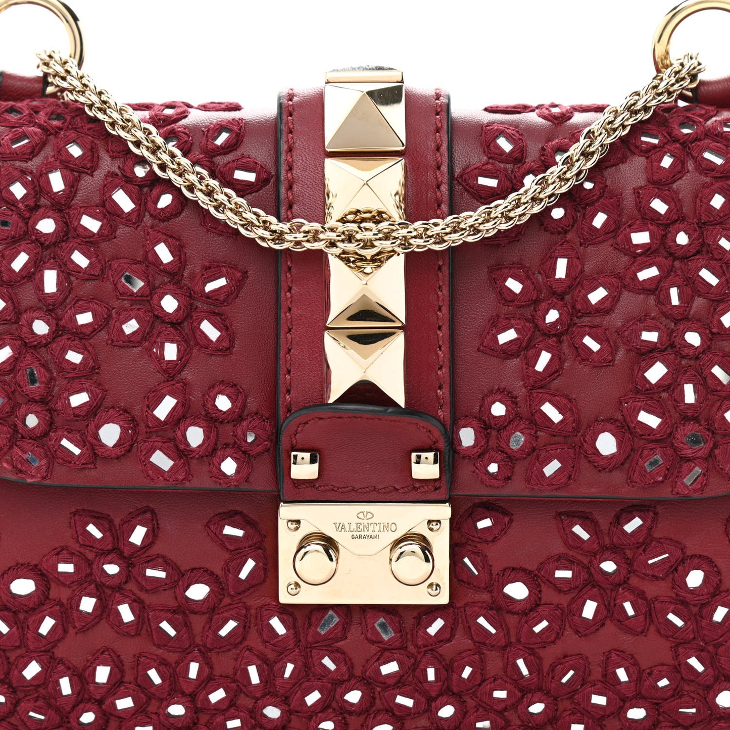 Vitello Embellished Small Glam Lock Rockstud Flap Dark Red