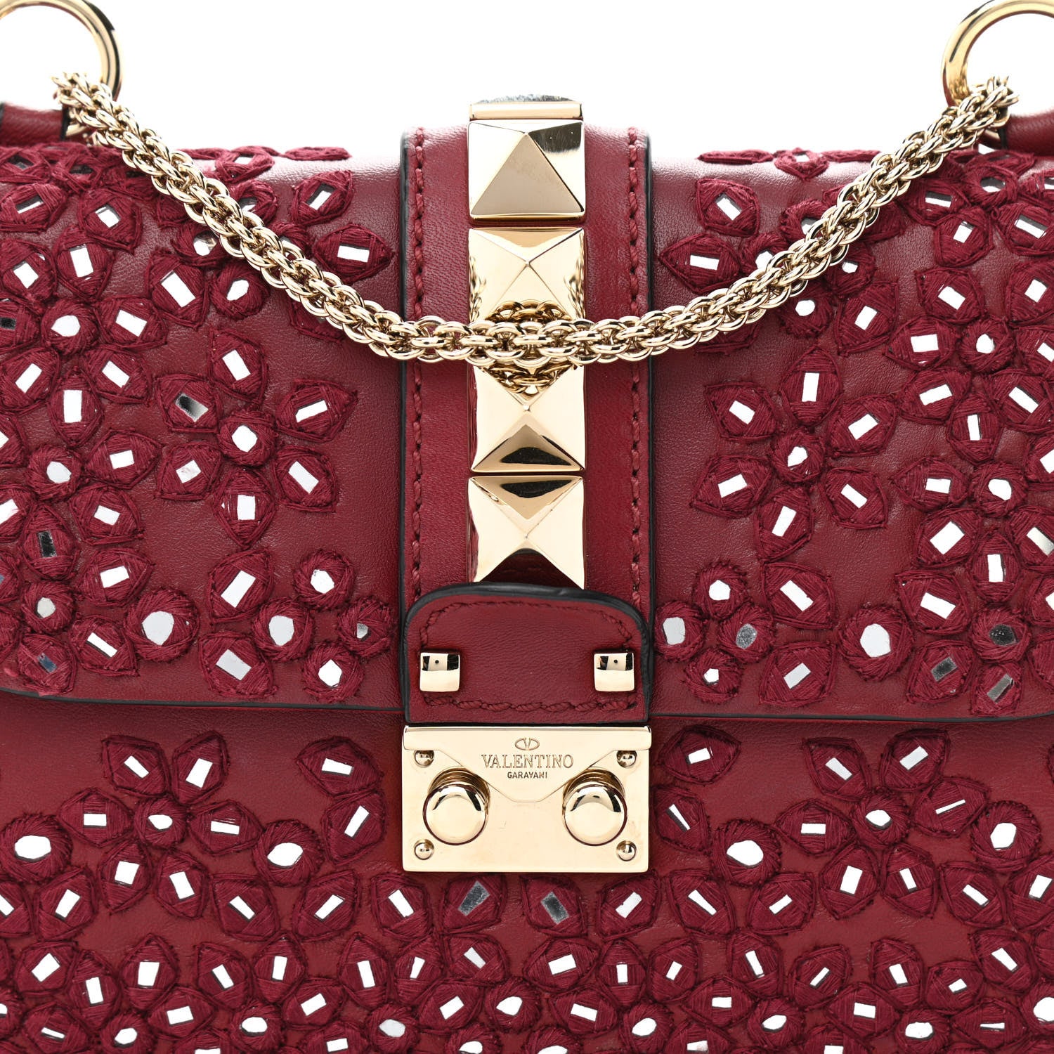 Valentino Garavani Vitello Embellished Small Glam Lock Rockstud Flap Dark Red 10 of 12