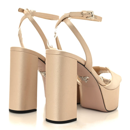 Prada Satin Metal Triangle Logo Ankle Strap 40/135mm Platform Sandals 36 Sabbia 4 of 7
