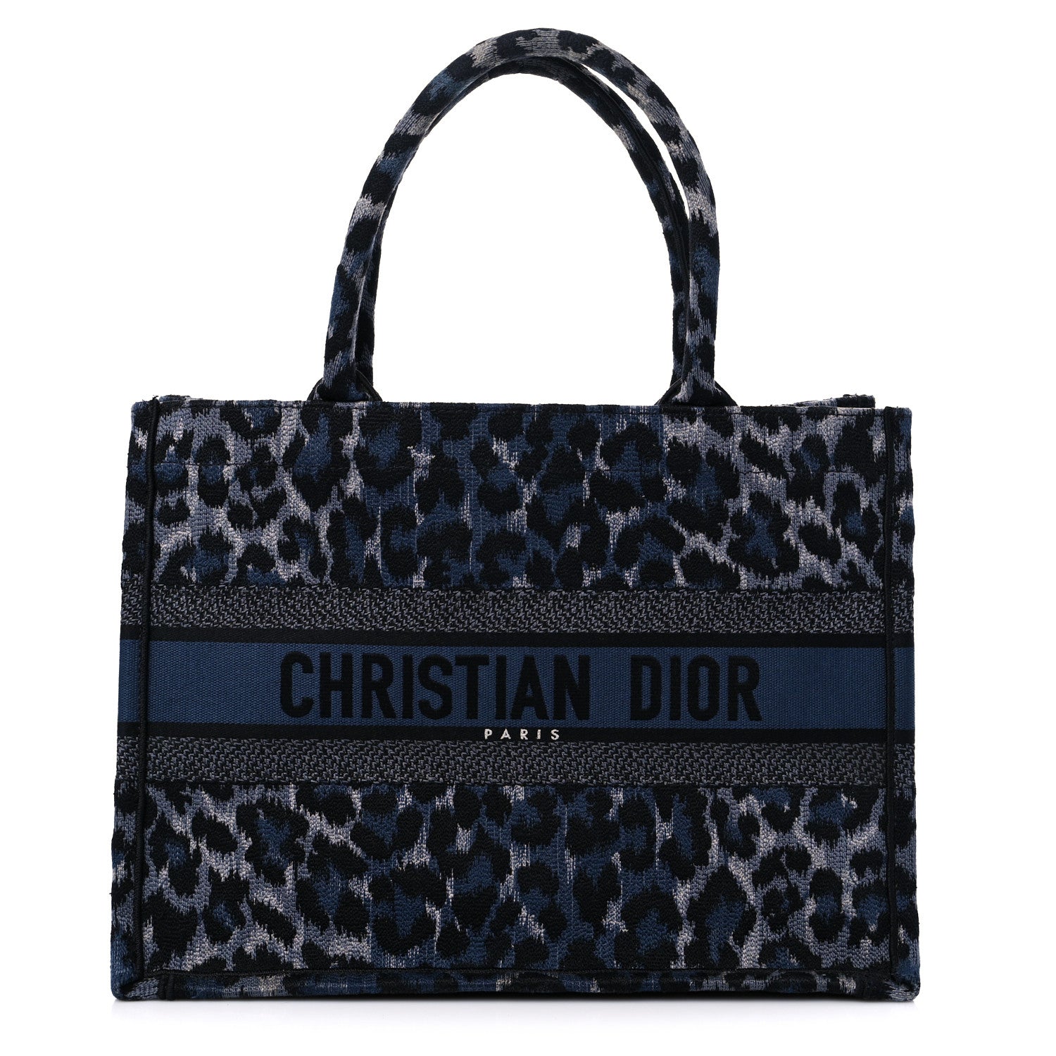 Christian Dior Canvas Mizza Embroidered Medium Leopard Book Tote Blue 1 of 10