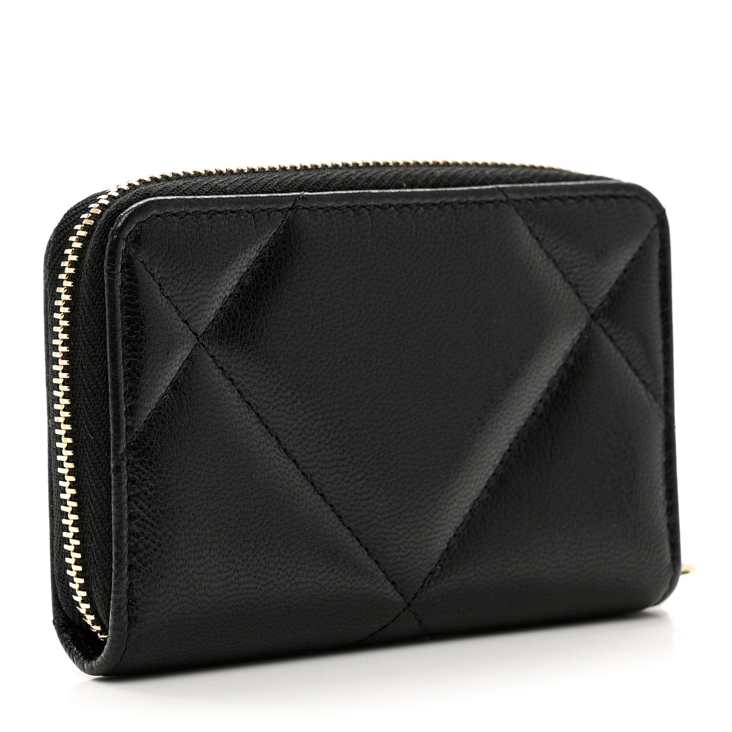 Shiny Goatskin Quilted Chanel 19 Zip Around Coin Purse Wallet Black