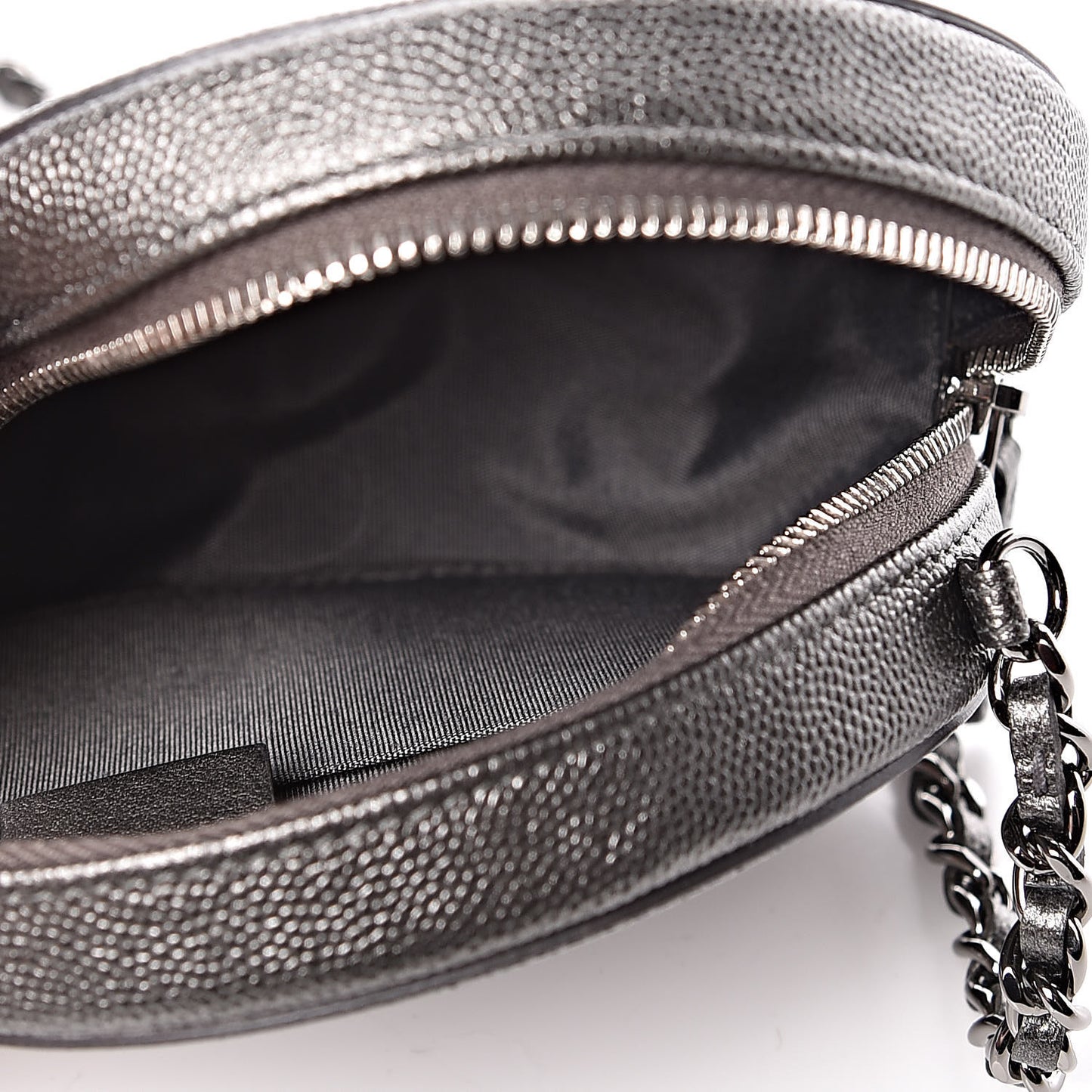Metallic Caviar Quilted Round Filigree Crossbody Dark Silver