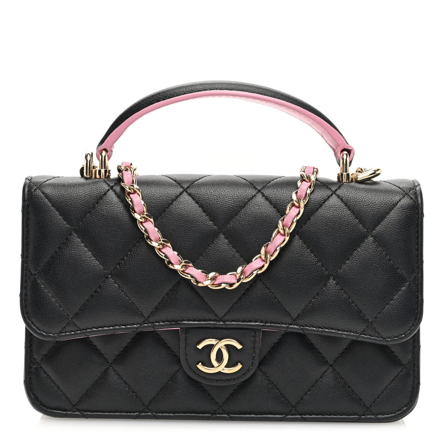Lambskin Quilted Flap Phone Holder With Chain Black Lilac