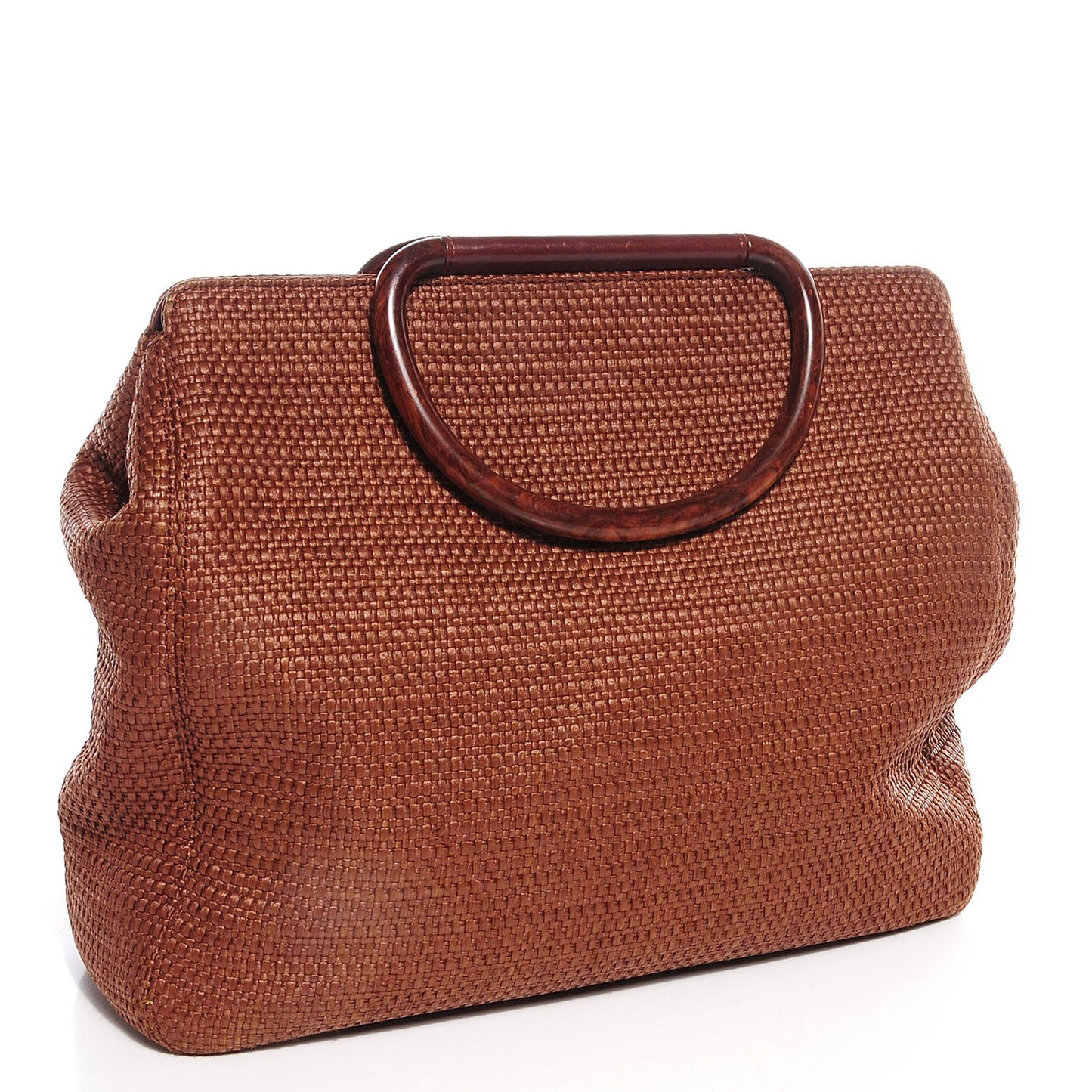 Woven Straw Raffia Wooden Handle Bag Brown