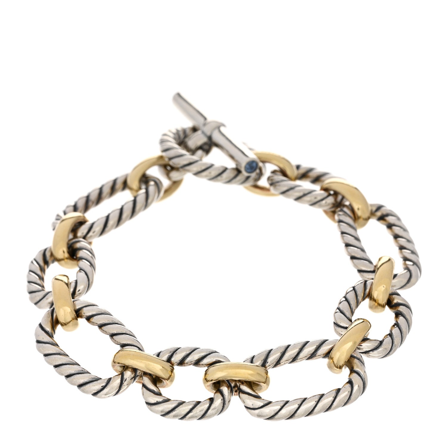 David Yurman Sterling Silver 18K Yellow Gold Blue Sapphire Cushion Link Bracelet 1 of 3