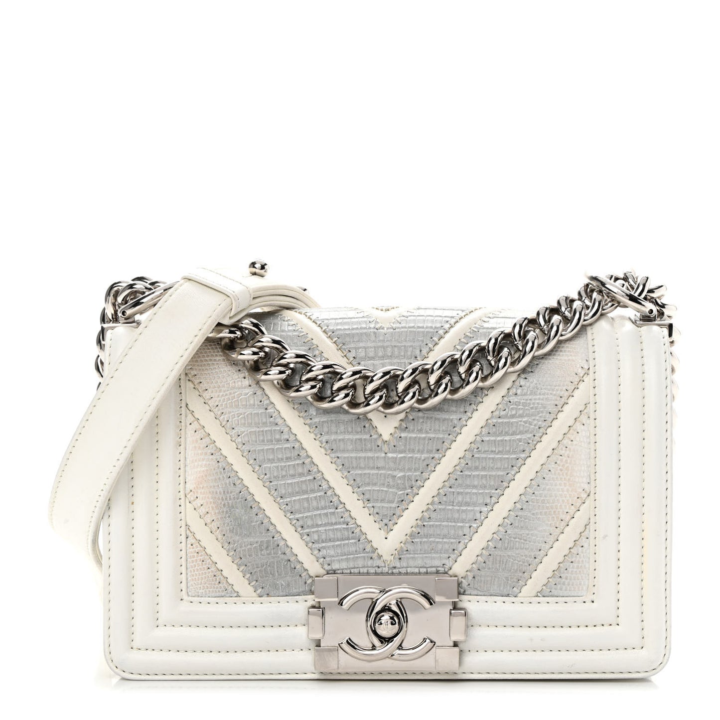 Lizard Chevron Stitched Small Boy Flap White Silver