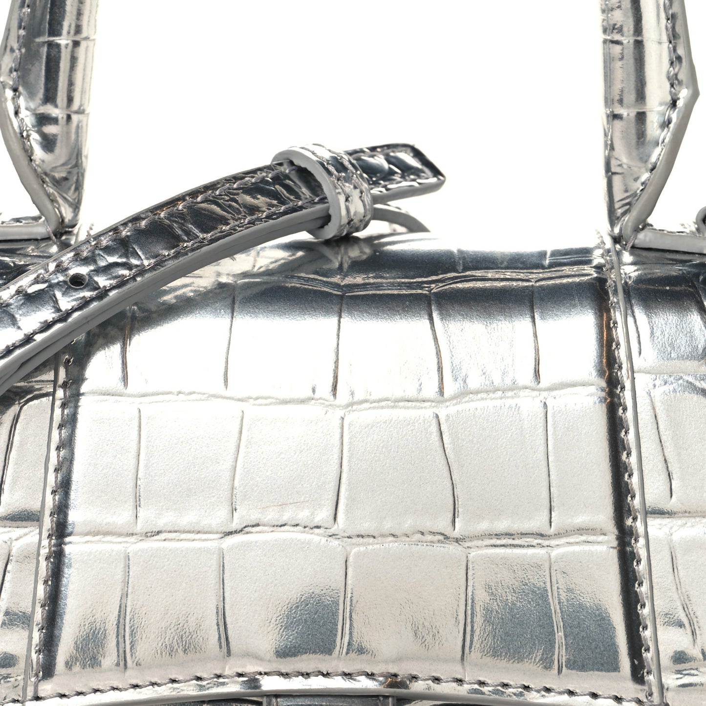 Metallic Calfskin Crocodile Embossed Crystal Hourglass Top Handle Bag XS Silver