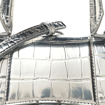 Balenciaga Metallic Calfskin Crocodile Embossed Crystal Hourglass Top Handle Bag XS Silver 9 of 12