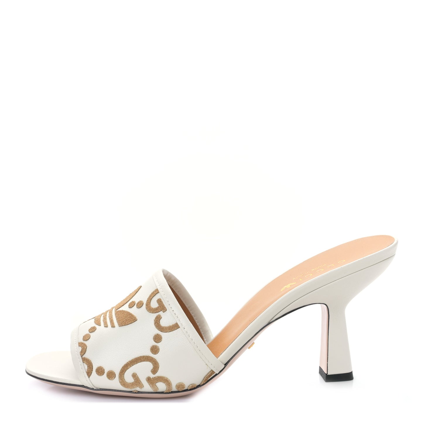 X ADIDAS Nappa Suede Monogram Jumbo GG Trefoil 75mm Slide Sandals 39.5 New Mystic White Sand