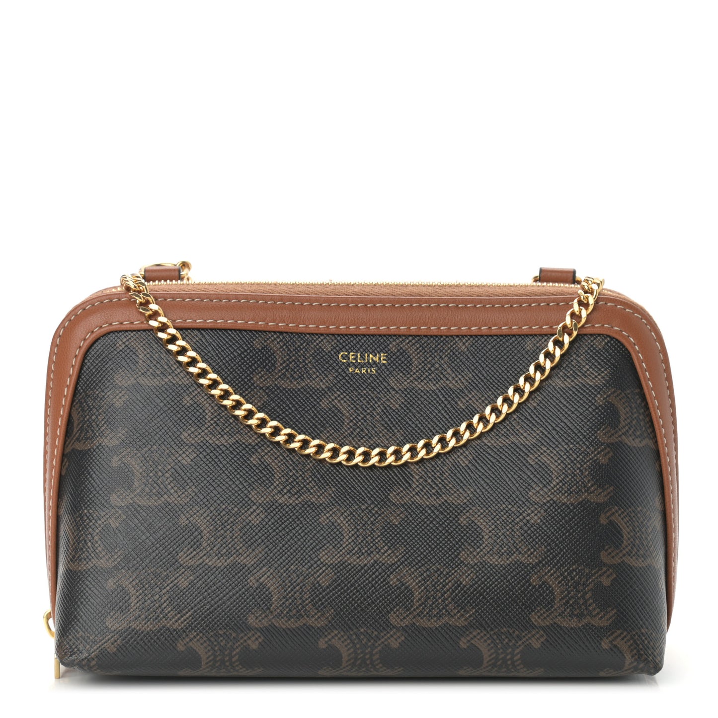 Triomphe Canvas Calfskin Mini Clutch on Chain Tan