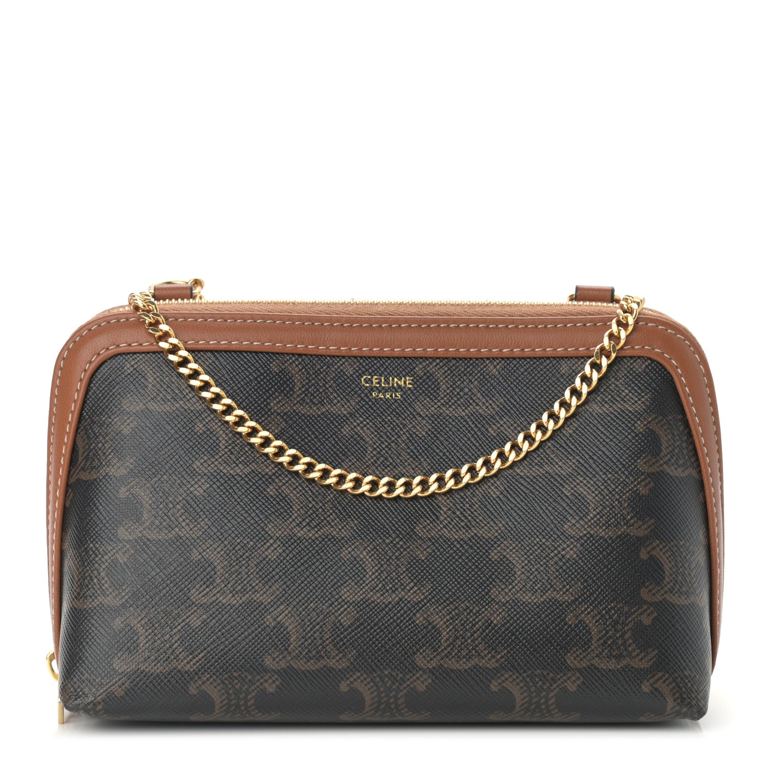 Celine Triomphe Canvas Calfskin Mini Clutch on Chain Tan 1 of 10