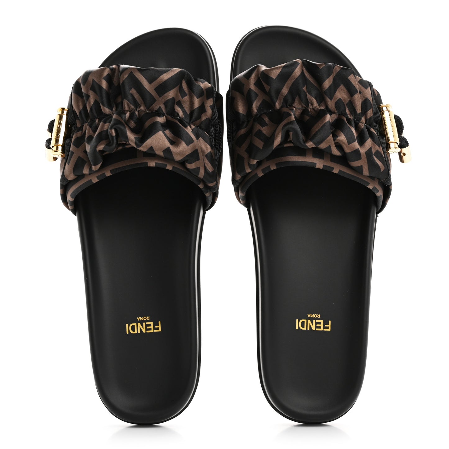 Satin FF Fendi Feel Slide Sandals 37 Tobacco Black