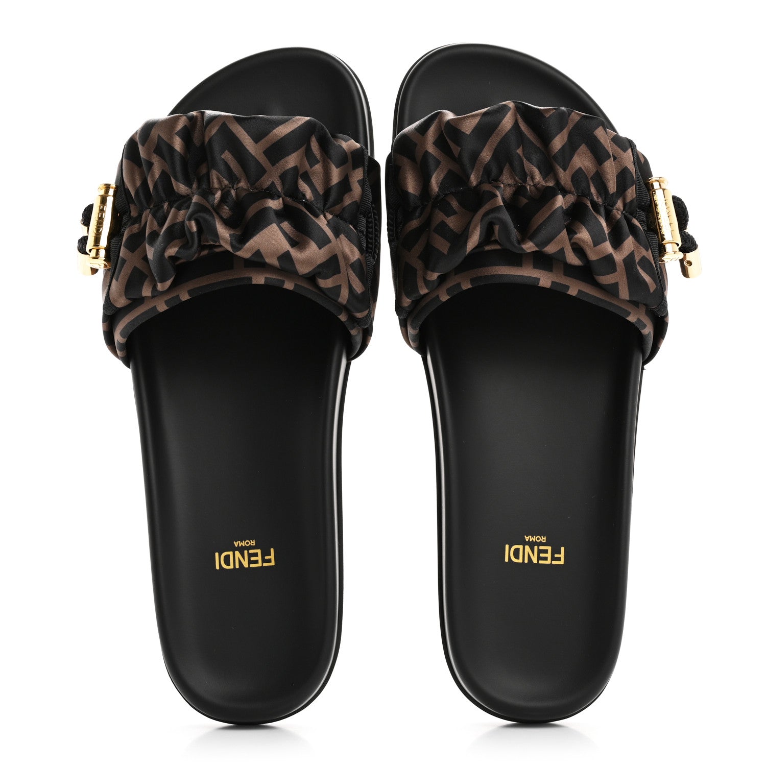 Fendi Satin FF Fendi Feel Slide Sandals 37 Tobacco Black 2 of 9