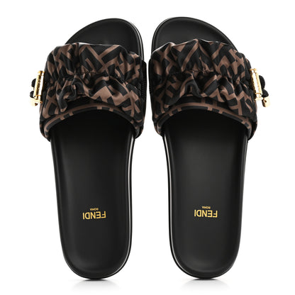 Fendi Satin FF Fendi Feel Slide Sandals 37 Tobacco Black 2 of 9