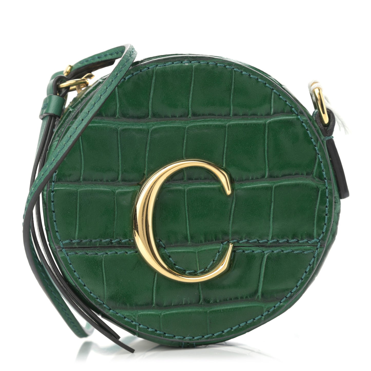 Calfskin Crocodile Embossed Mini C Round Crossbody Woodsy Green