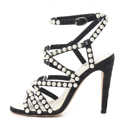 Chanel Laminated Lambskin Quilted Pearl Sandals 36 Black 1 of 8