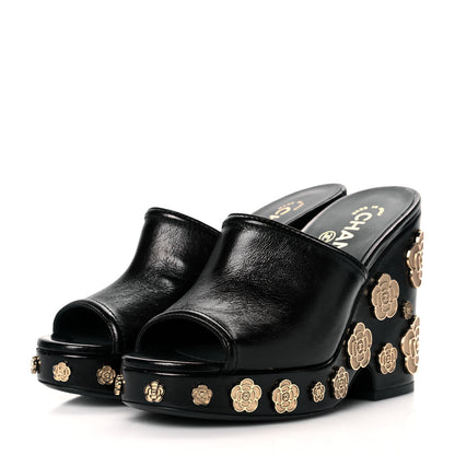 Chanel Crumpled Calfskin Camellia Wedge Mules 36 Black 3 of 10