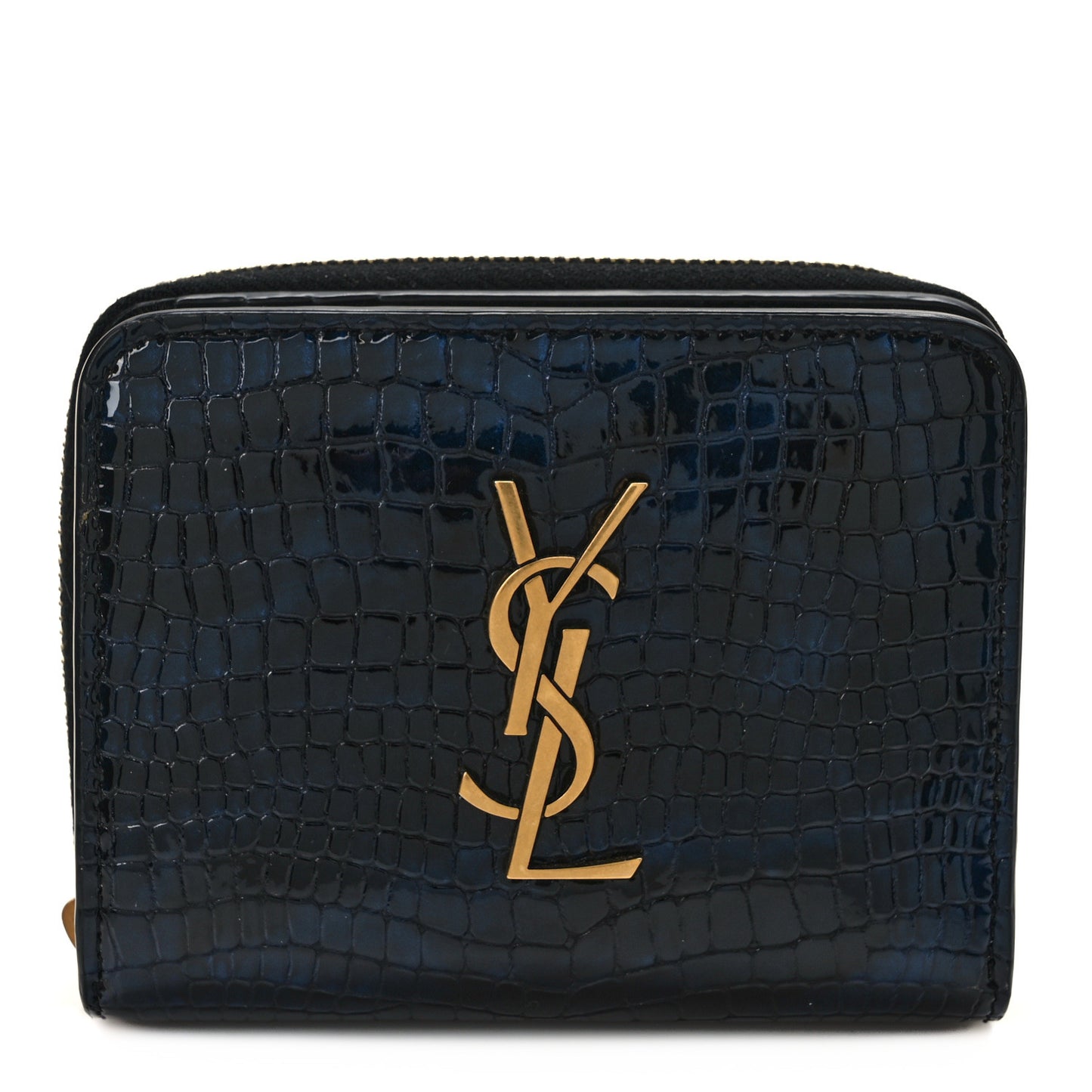 Calfskin Crocodile Embossed Monogram Compact Wallet Blue Black