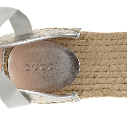 Gucci Lame GG Monogram Ankle Wrap Platform Espadrille Wedges 40 Silver Beige Light Grey 7 of 9