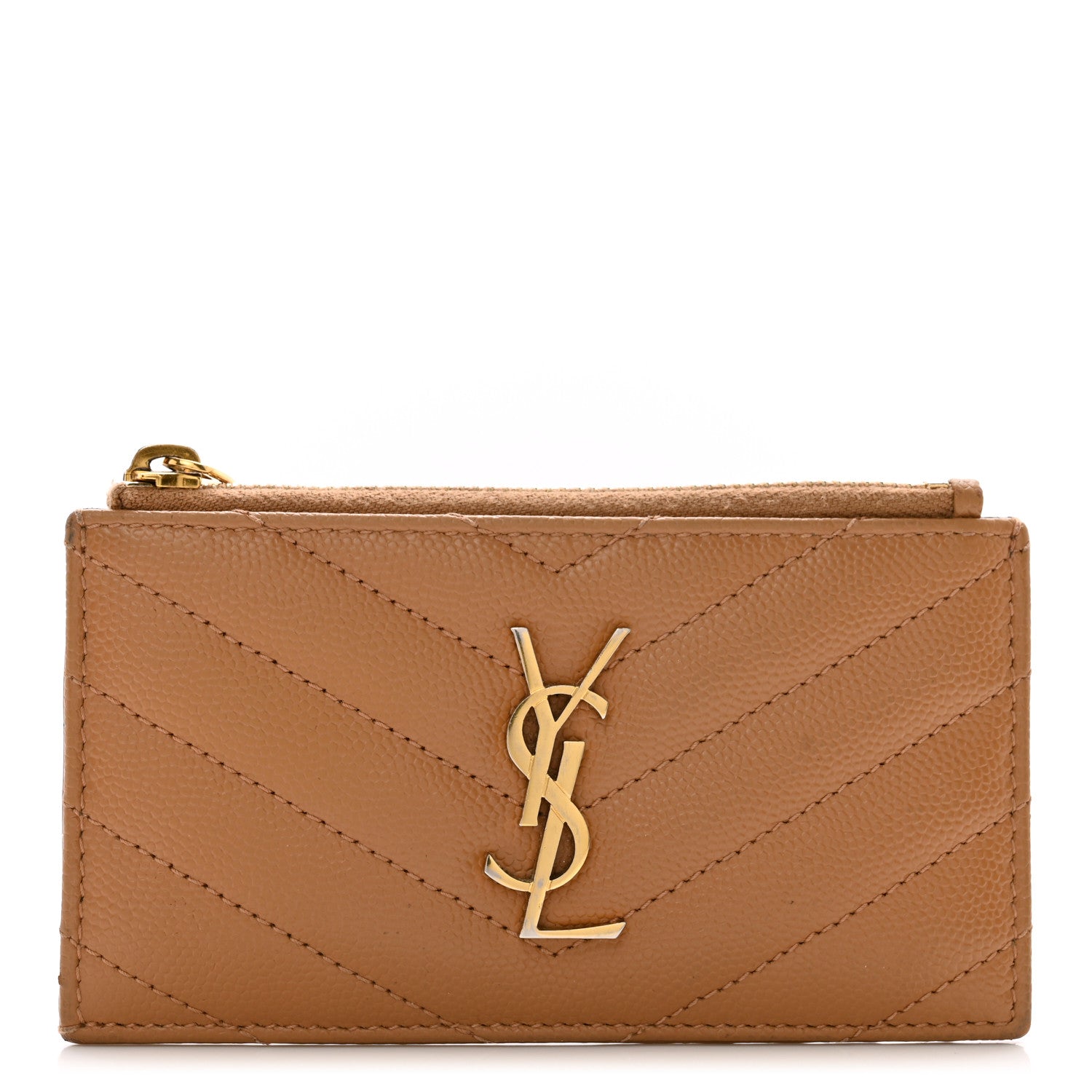 Saint Laurent Grain De Poudre Matelasse Chevron Monogram Fragments Zippered Card Case Cork 1 of 9