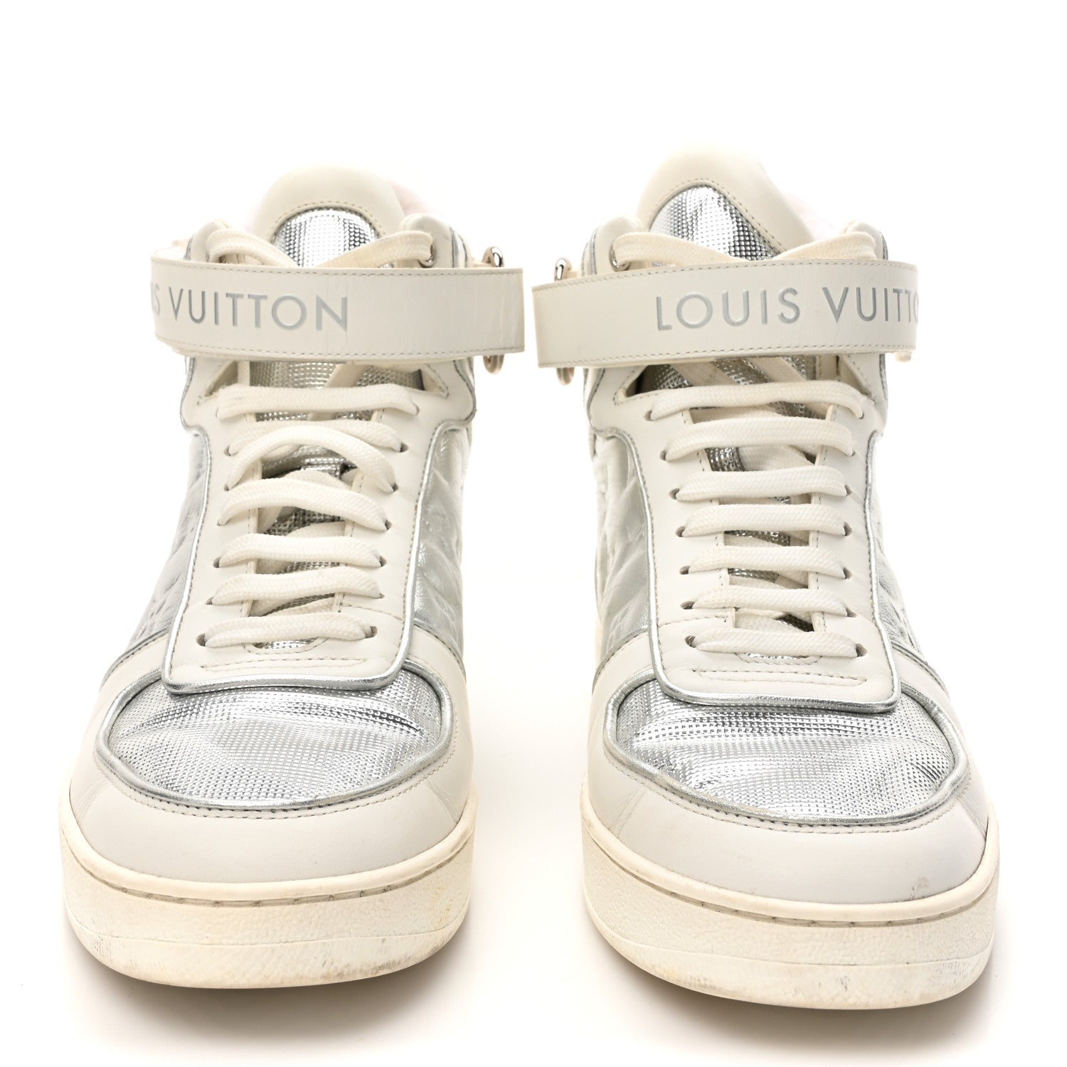 Louis Vuitton Metallic Calfskin Embossed Monogram Boombox Sneakers 37.5 White Silver 3 of 11