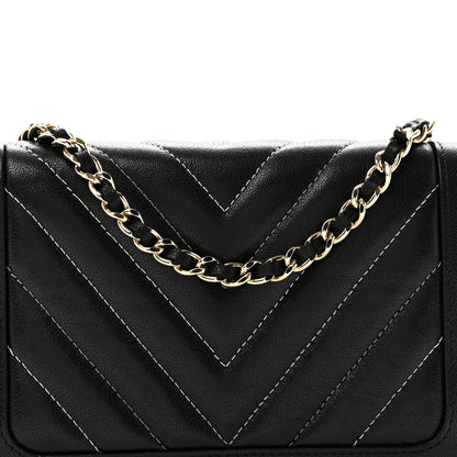Chanel Caviar Sheepskin Chevron Quilted Vintage Mademoiselle Wallet On Chain WOC Black 9 of 14