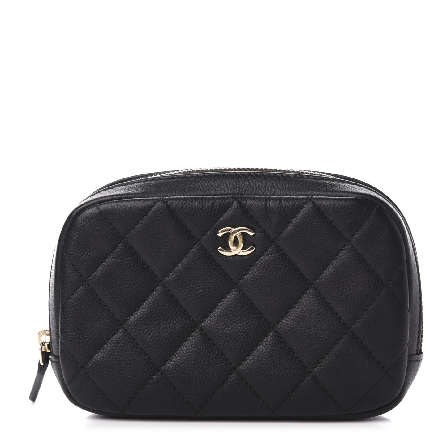Grained Calfskin Quilted Small Curvy Pouch Cosmetic Case Black
