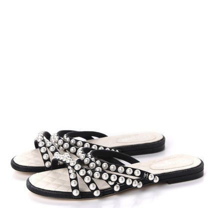 Chanel Crackled Lambskin Pearl Mule Sandals 35 Black 3 of 8