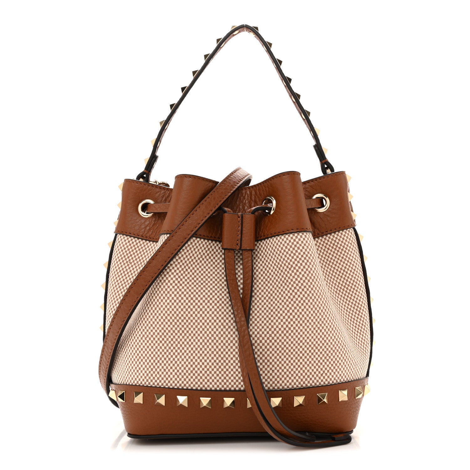 Valentino Garavani Canvas Grained Calfskin Rockstud Drawstring Bucket Bag Naturale Tobacco 1 of 9