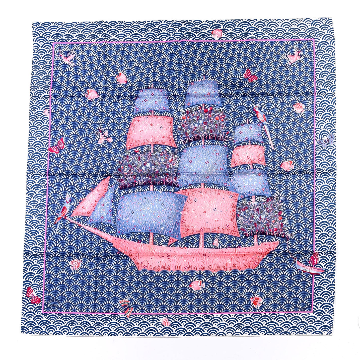 Silk Bateau Fleuri Scarf 90 Bleu Rose White