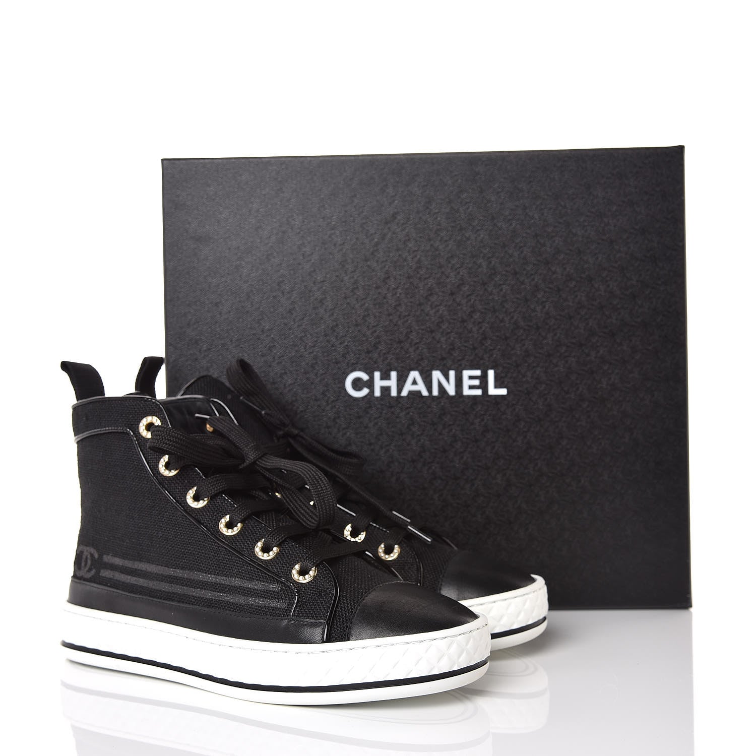 Chanel Fabric Lambskin Lace Up Cap Toe Sneakers 36.5 Black 10 of 10
