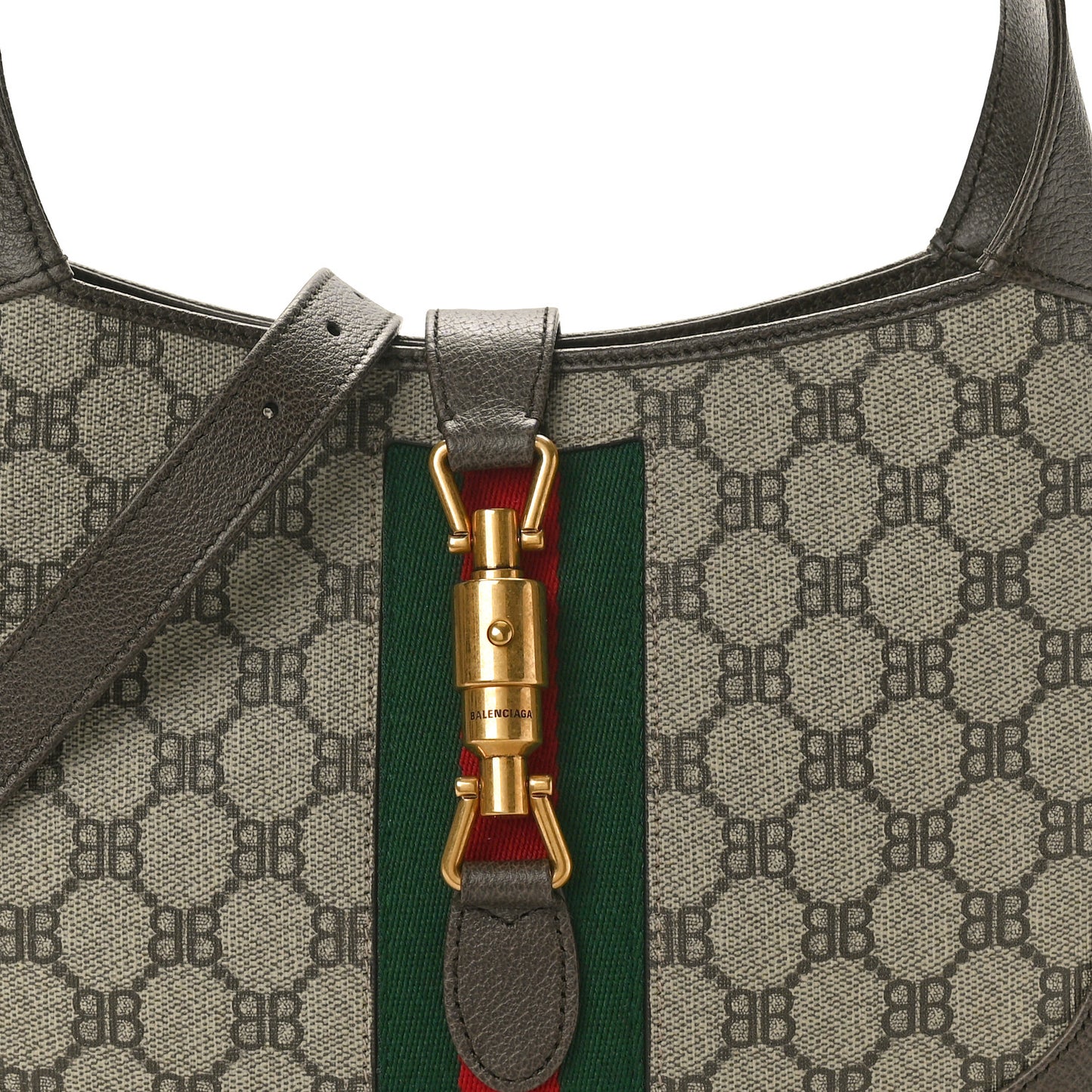 X BALENCIAGA BB Supreme Monogram Calfskin Web Small Jackie 1961 Hobo Beige Ebony