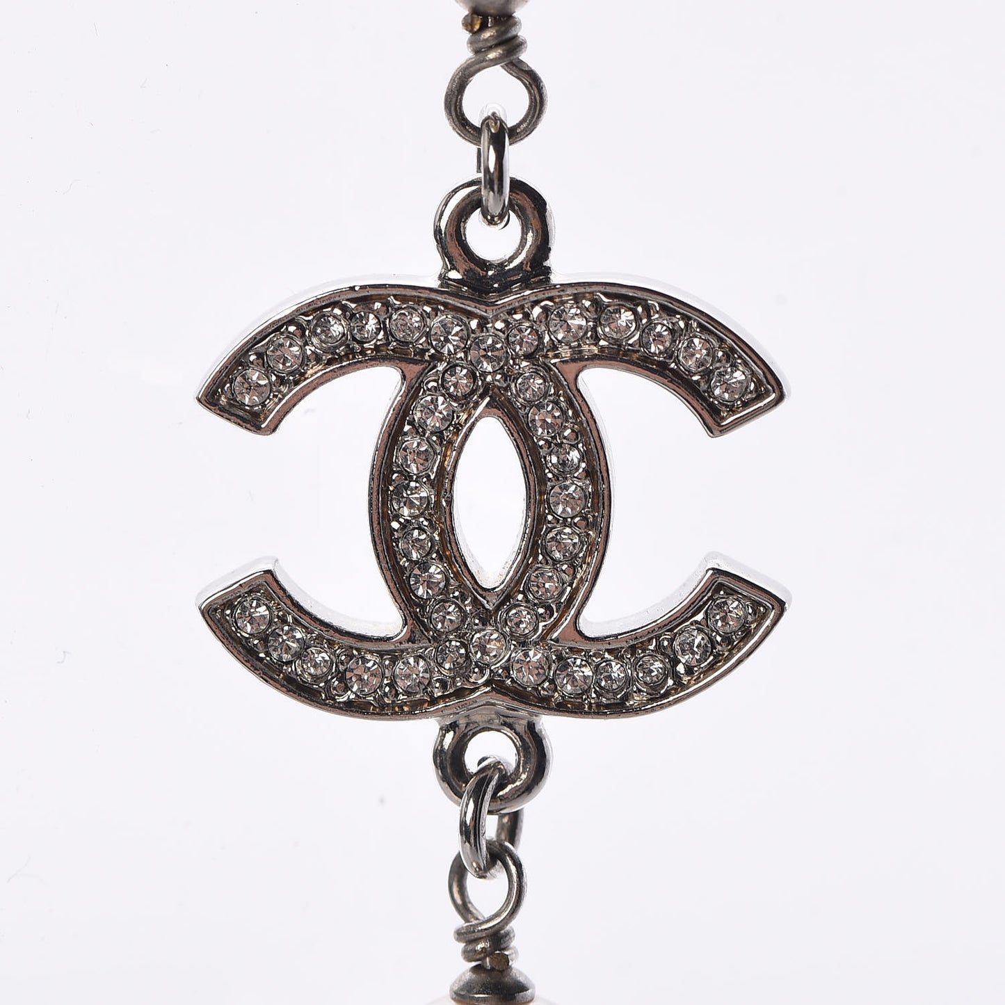 Crystal Pearl CC Long Necklace Silver