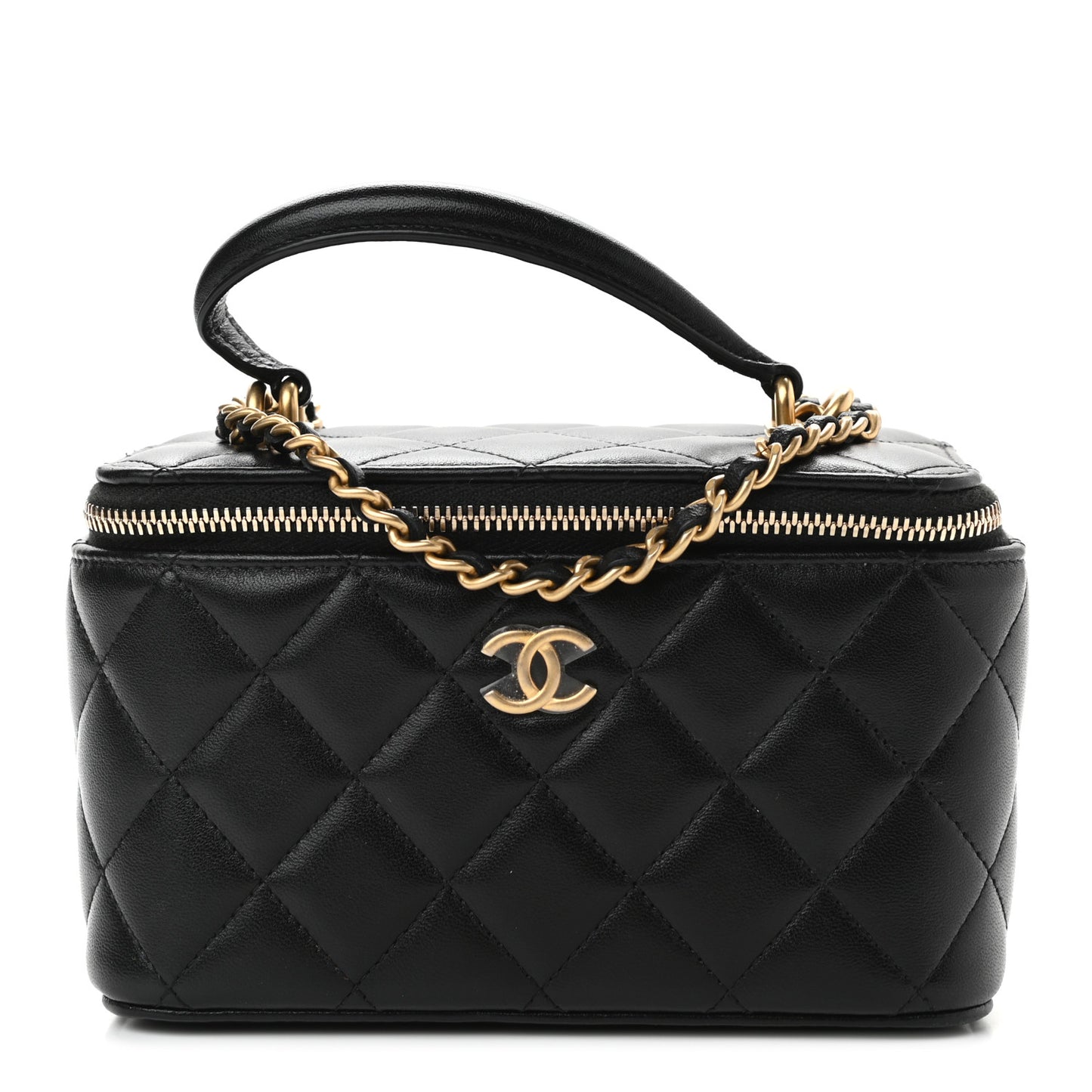 Lambskin Quilted Small Top Handle Vanity Case With Chain Black