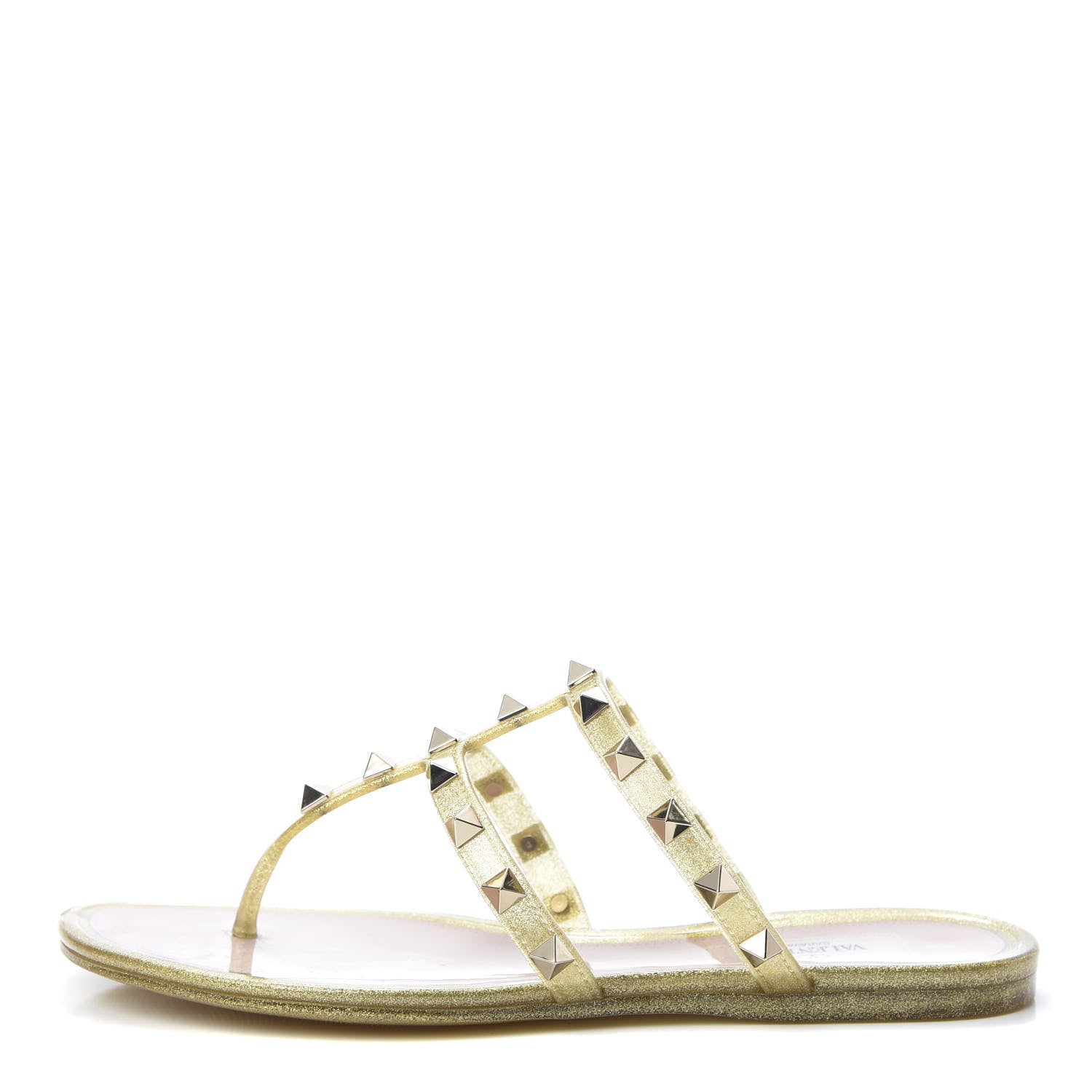 Valentino Garavani PVC Jelly Glitter Rockstud Caged Flat Thong Sandals 35 Oro 1 of 9
