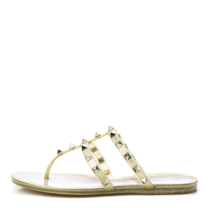 Valentino Garavani PVC Jelly Glitter Rockstud Caged Flat Thong Sandals 35 Oro 1 of 9